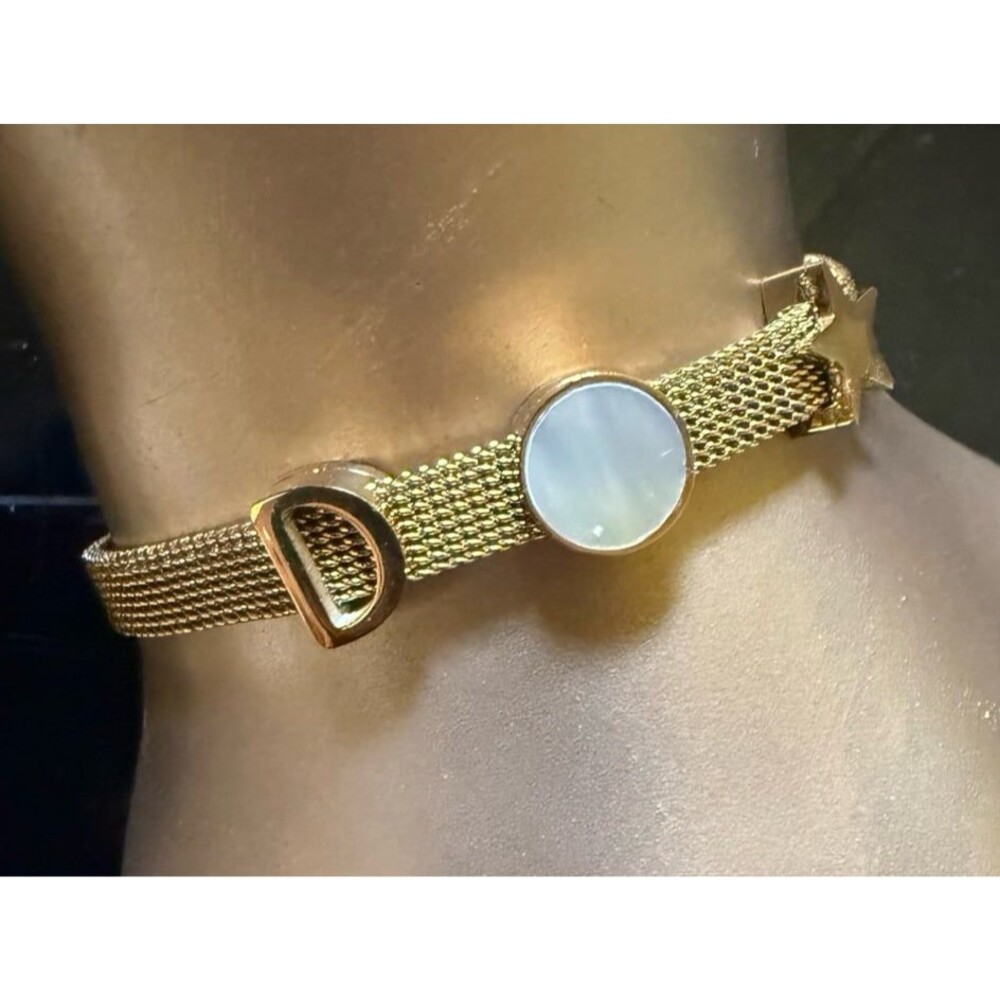 Gold Stainless Steel Mesh Bracelet Iridescent Charm 7”